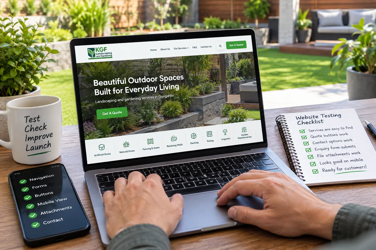 Website Testing Before Launch on a laptop with landscaping website, mobile checks and testing checklist